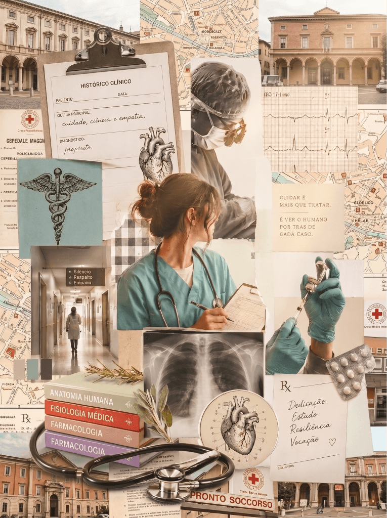Colagem sobre a rotina médica na Itália